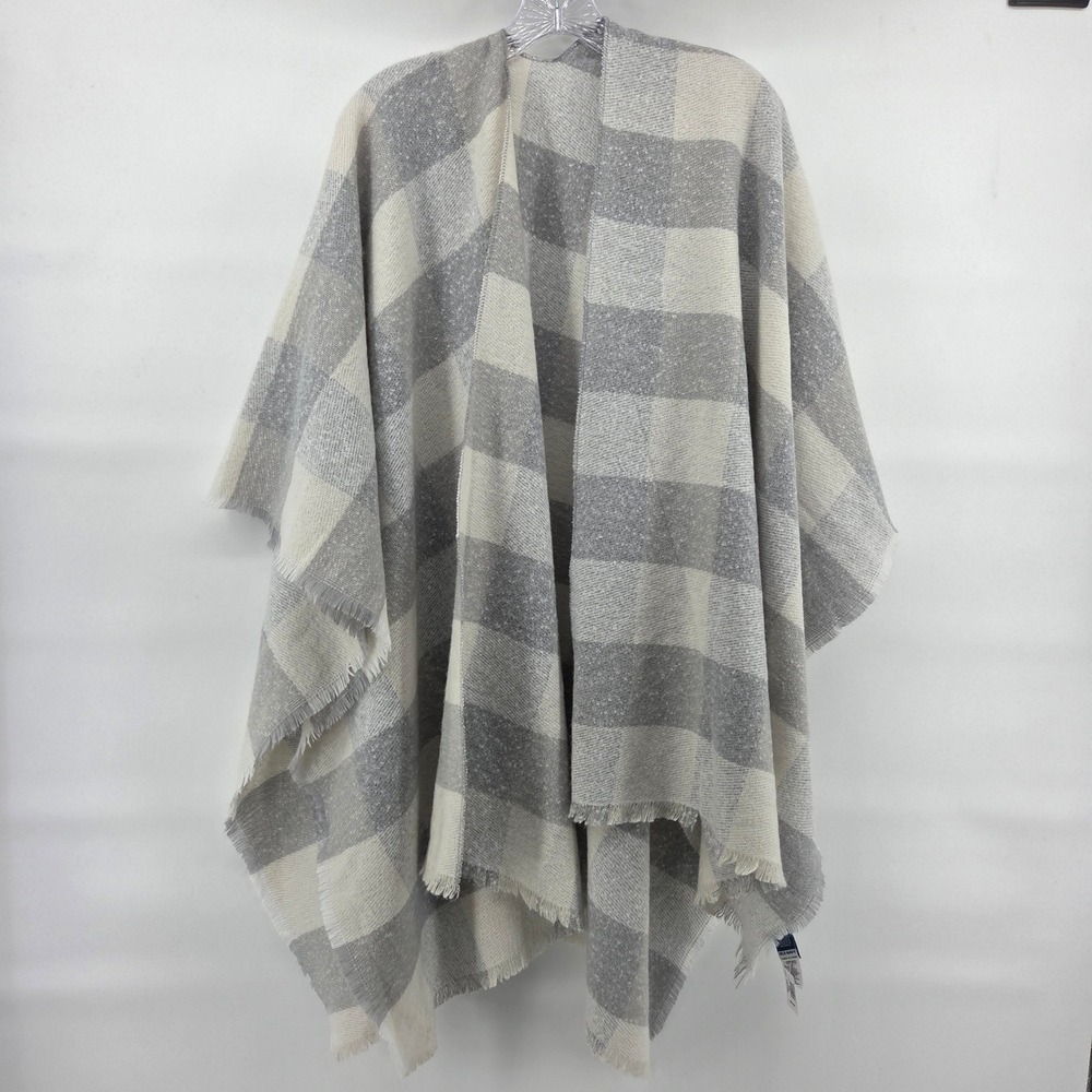 Old‎ Navy Poncho Wrap One Size Gray Cream Plaid Fringe Cozy Eclectic Boho 408509